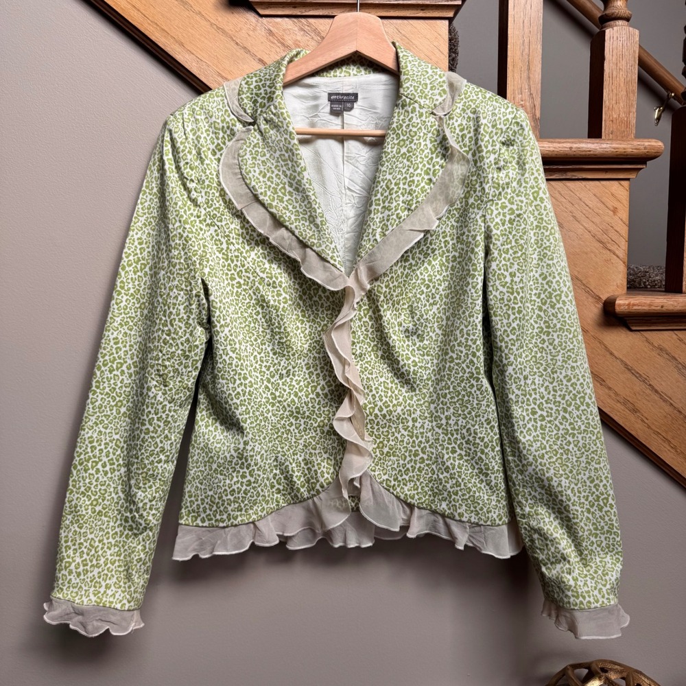 Anthracite Y2K Green Leopard Print Ruffle Blazer 10 Cotton Fairy Babydoll Boho